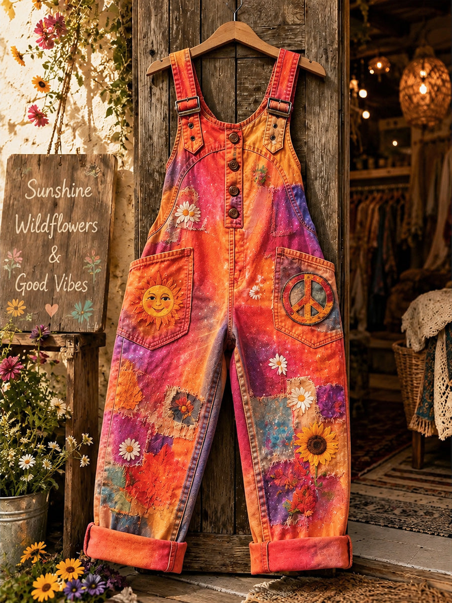 Women's Retro Style Art Print Washed Cotton Denim Patchwork Jumpsuit